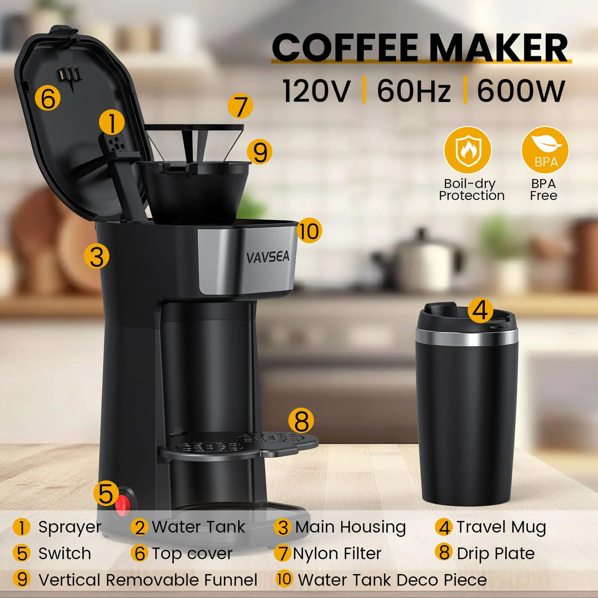 Single-Serve Coffee Maker with Travel Mug & Reusable Filter B1620