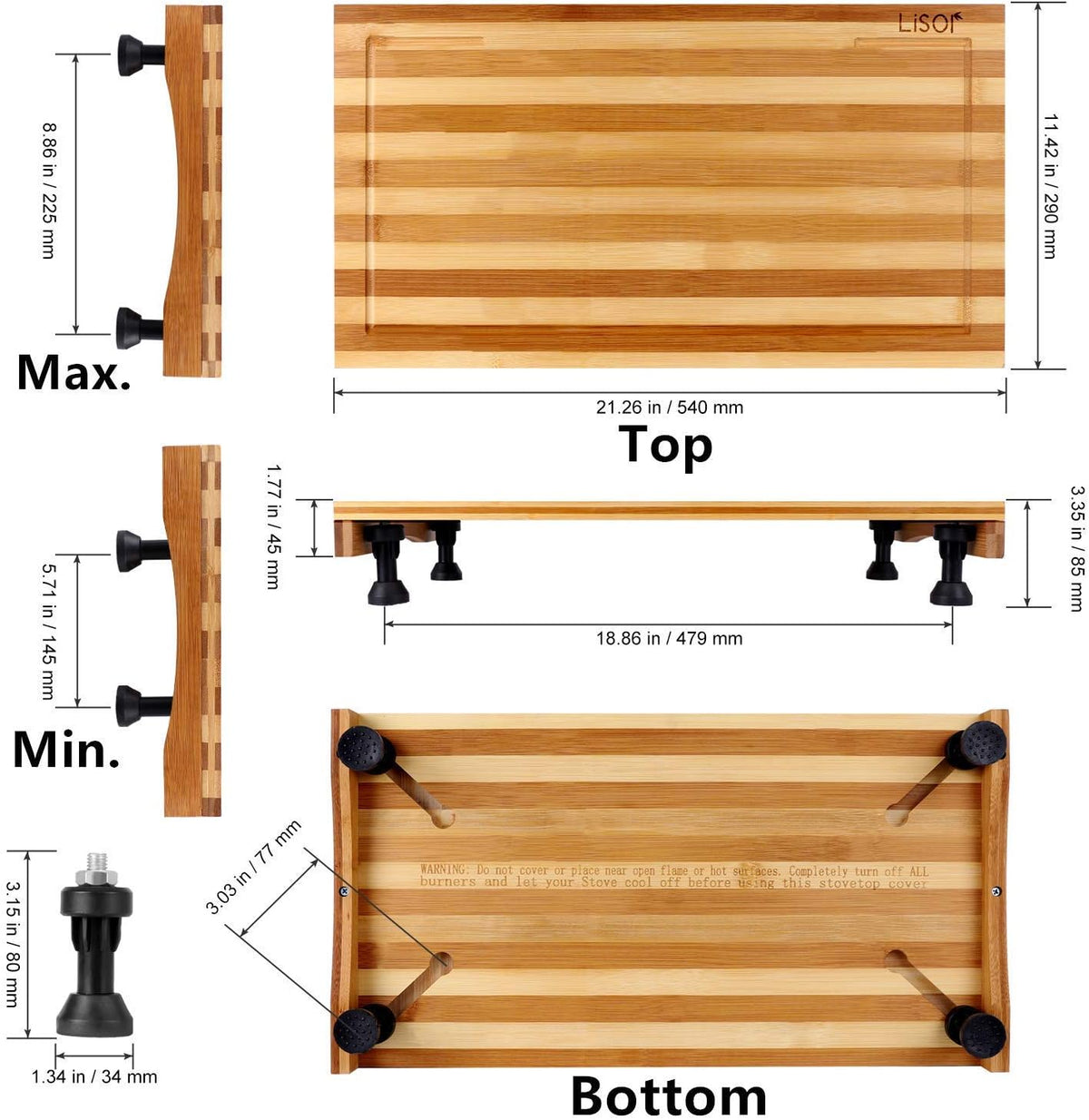 Bamboo Stovetop Cover Cutting Board with Adjustable Legs V831920