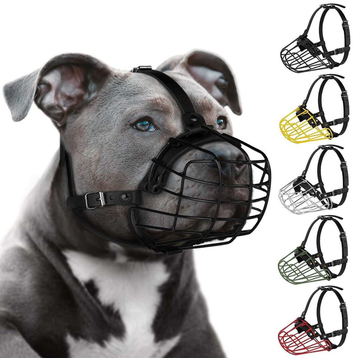 Dog Muzzle Metal Wire Basket Adjustable Leather Straps M88989