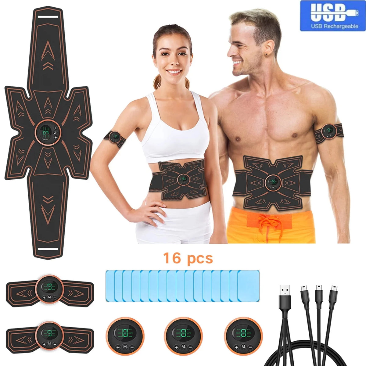 Rechargeable EMS Muscle Stimulator with 16 Gel Pads N29590