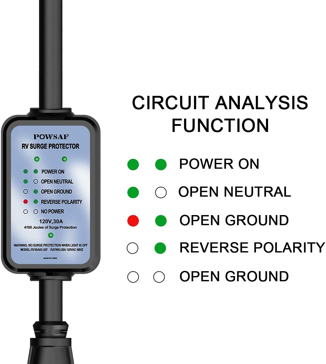 30 amp rv Extension Cord, 25 FT Waterproof rv Surge Protector with Circuit Analyzer G47563