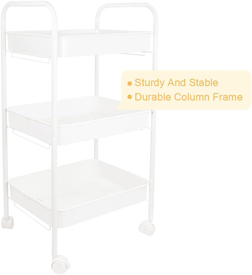 3-Tier Rolling Metal Storage Cart with Lockable Wheels, White A357742
