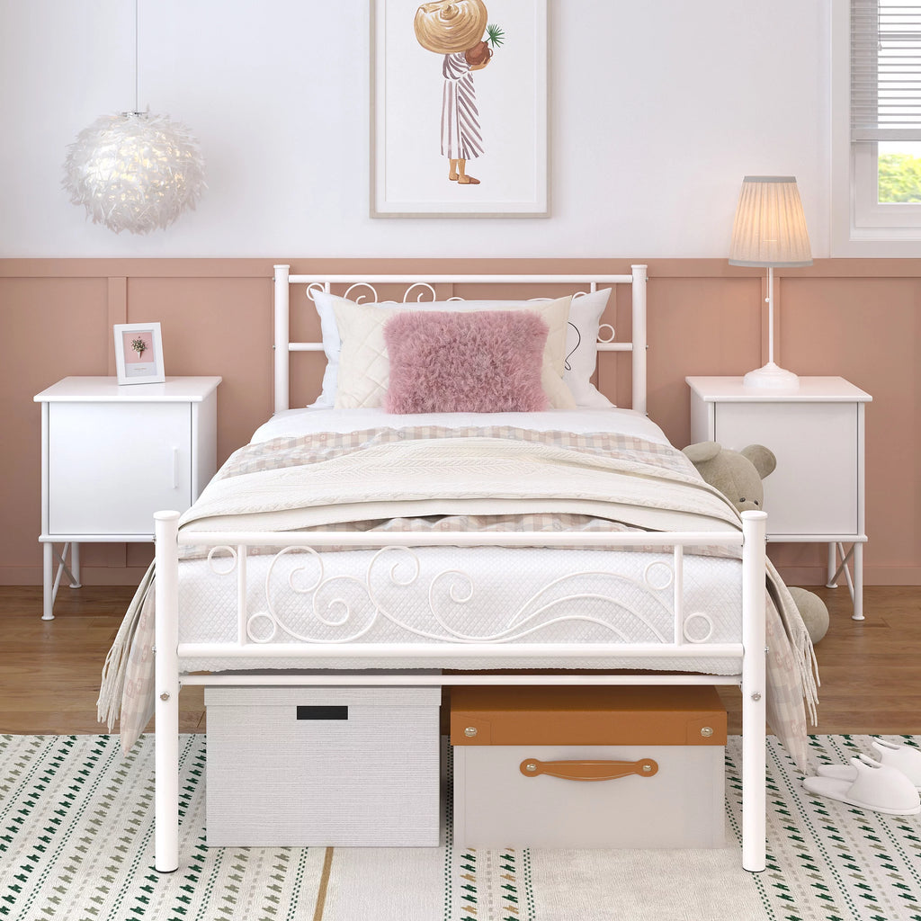 White Twin Size Metal Platform Bed Frame with Wave Headboard Z935621
