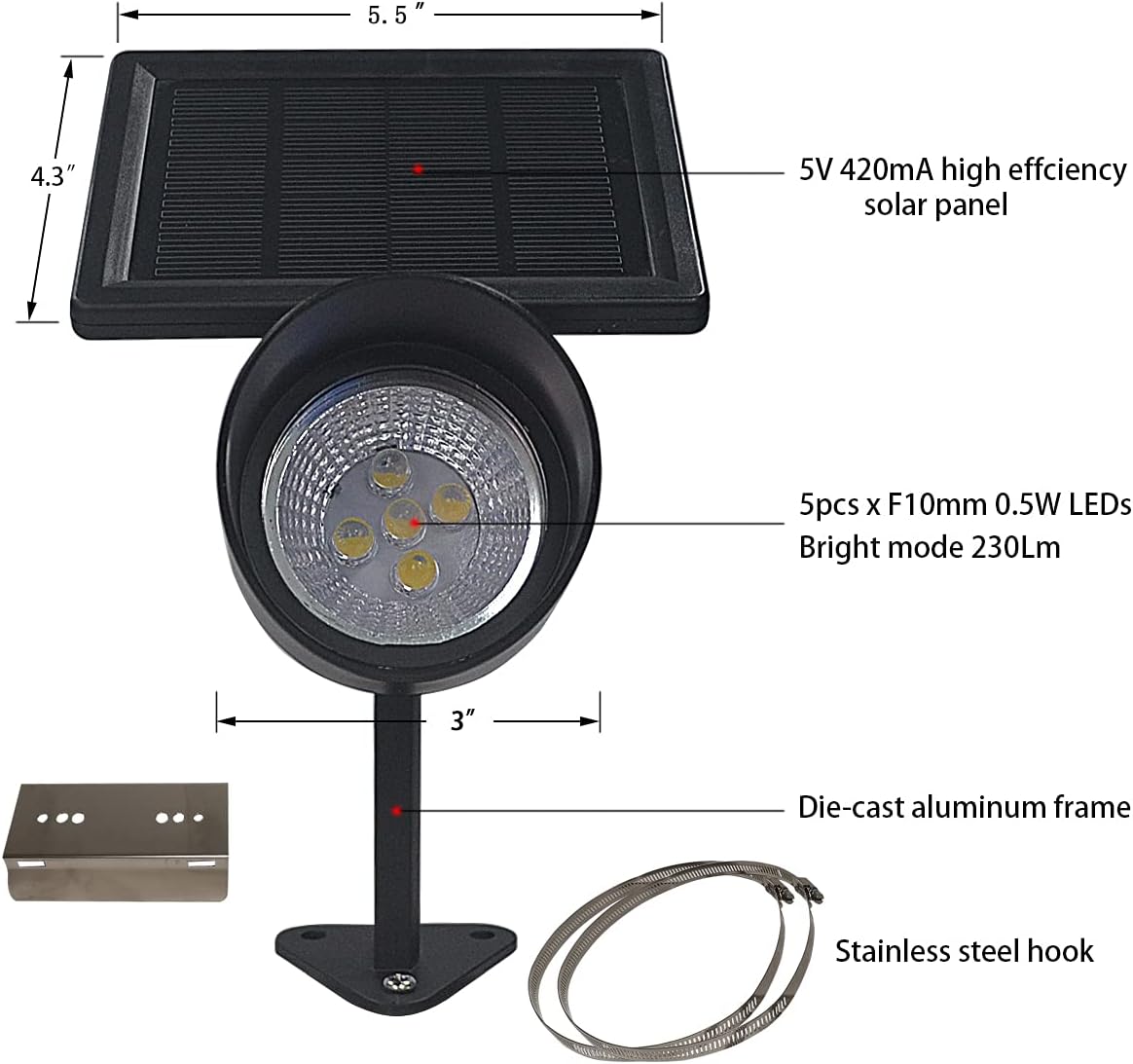 Solar Flag Pole Light, 5 LEDs, Adjustable Metal Clamps, Waterproof, 2 In 1 Solar Powered A12190