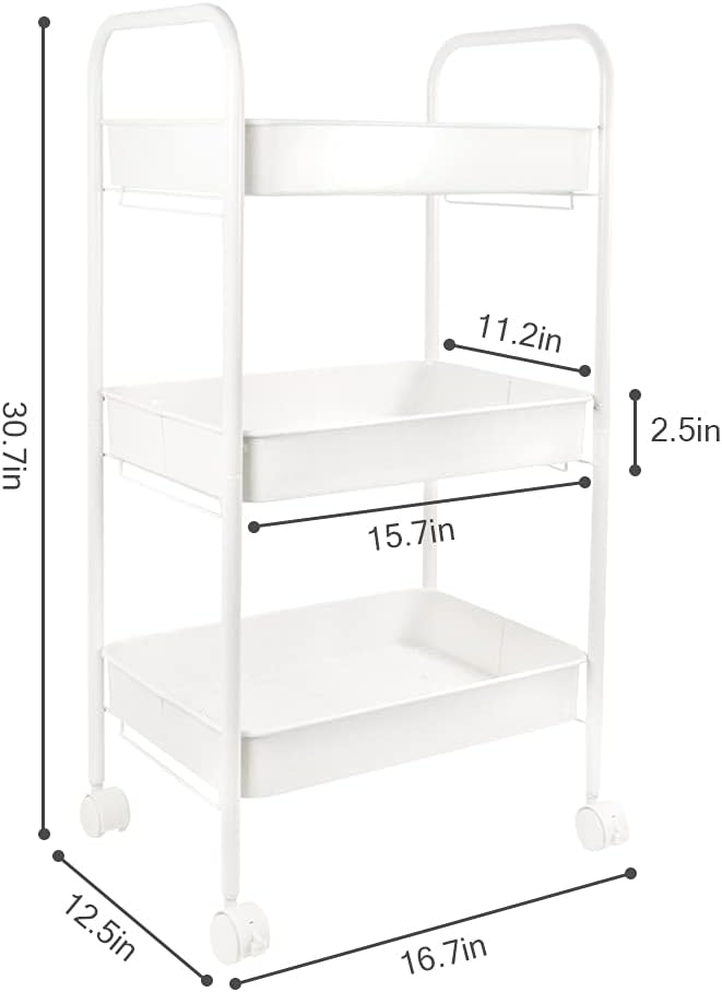3-Tier Rolling Metal Storage Cart with Lockable Wheels, White A357742