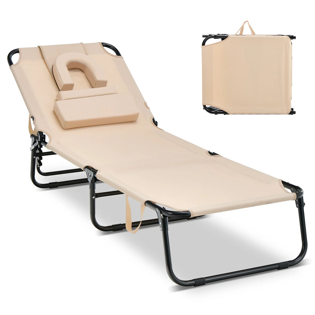 Folding Chaise Lounge Chair Adjustable Outdoor Recliner Beige Y38721